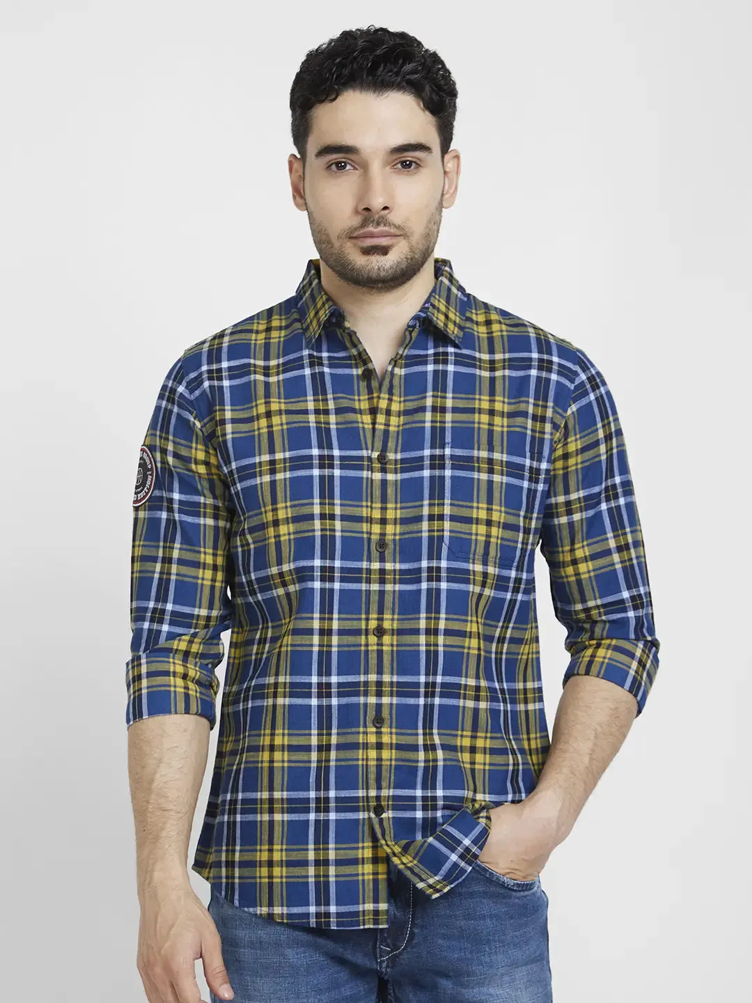 Spykar Men Amber Yellow Cotton Regular Slim Fit Full Sleeve Checkered Shirt