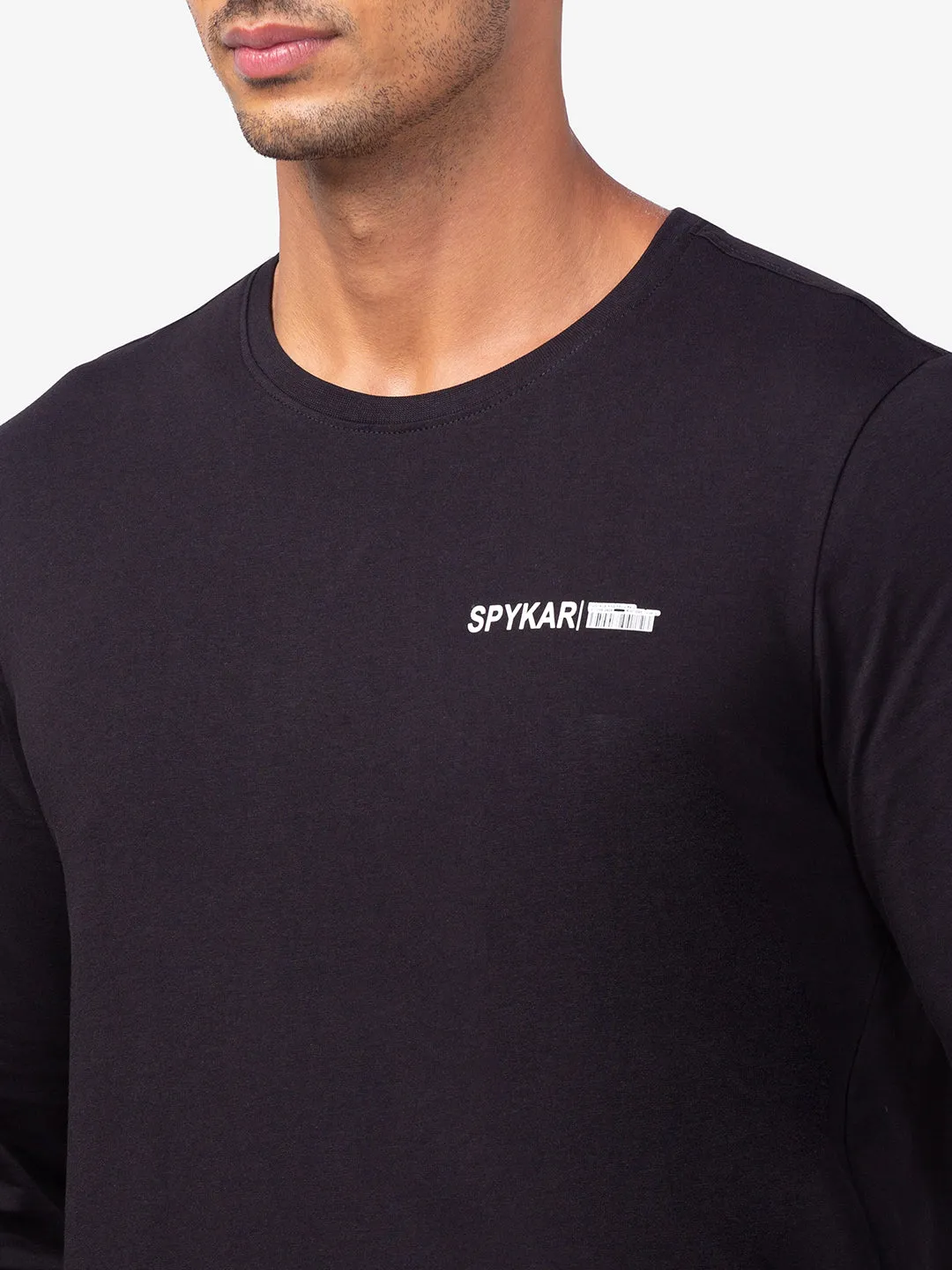 Spykar Men Black Cotton Slim Fit Round Neck Plain T-Shirt