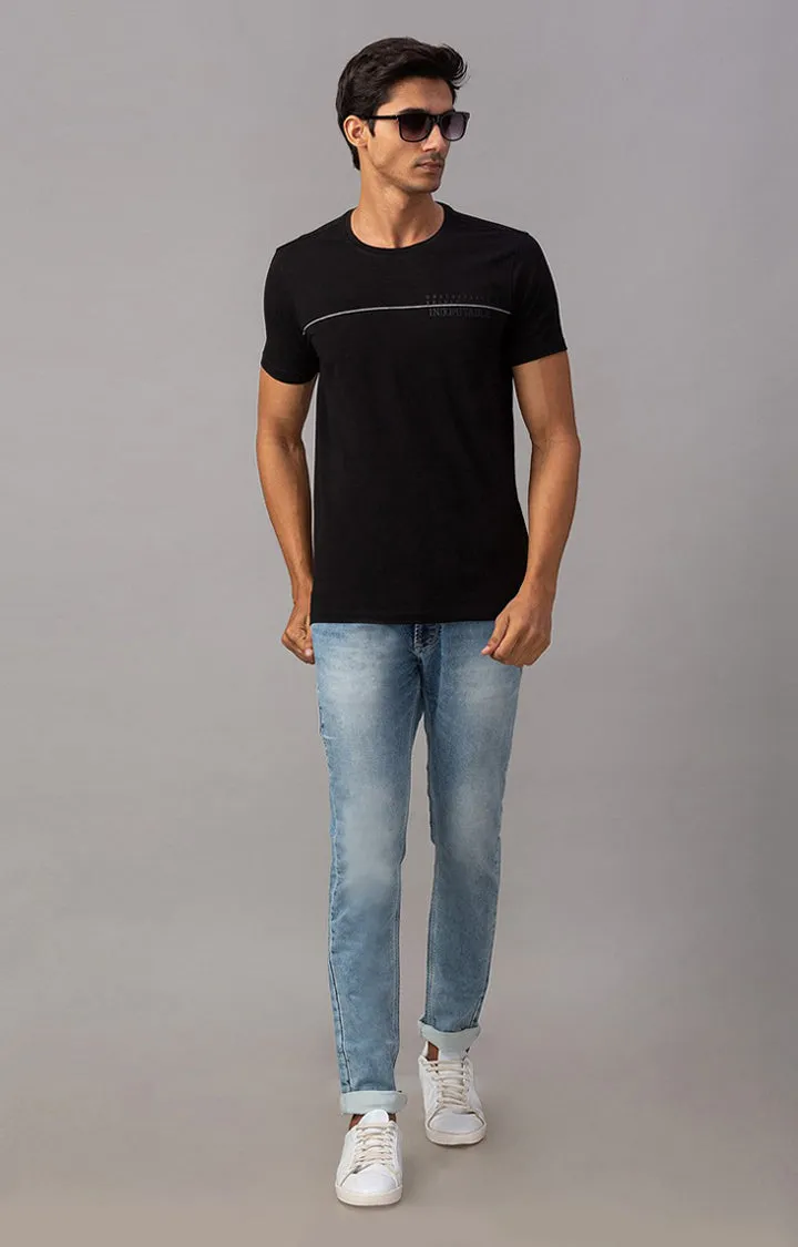 Spykar Men Black Cotton Slim Fit Round Neck Plain Tshirt