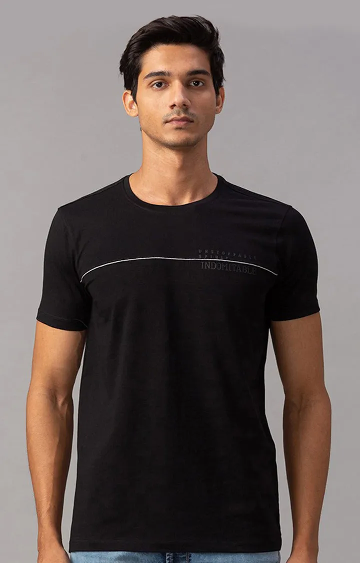 Spykar Men Black Cotton Slim Fit Round Neck Plain Tshirt