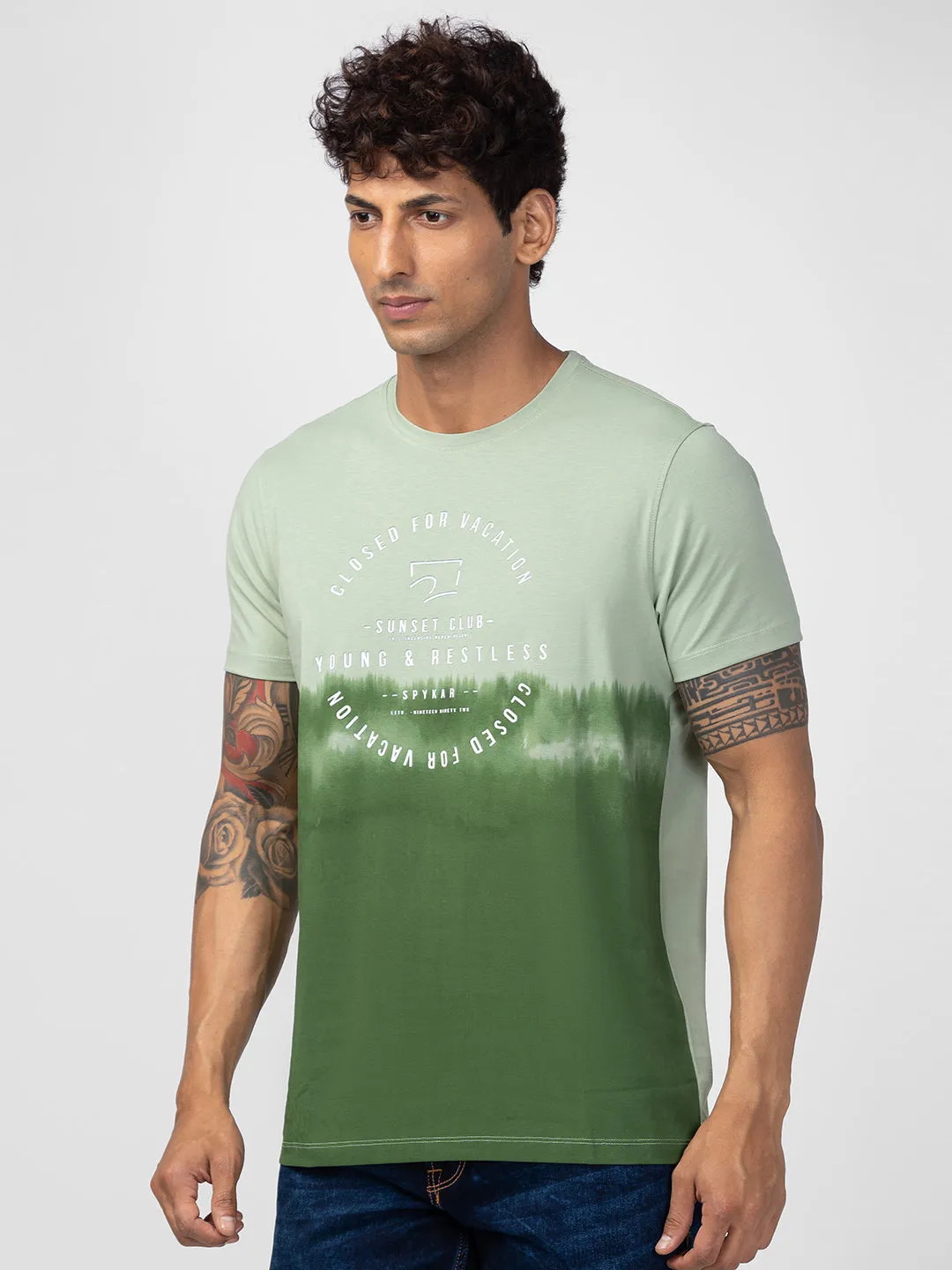 Spykar Men Dusty Green Cotton Regular Fit Half Sleeve Printed T-Shirt