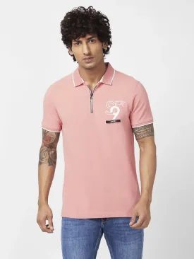 Spykar Men Dusty Pink Cotton Slim Fit Half Sleeve Polo Neck Plain Tshirt