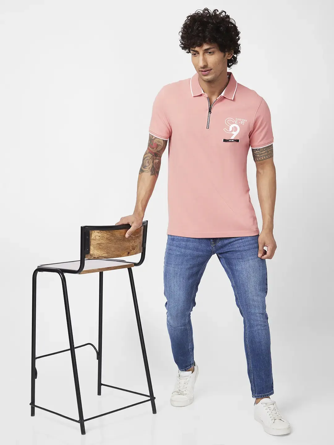 Spykar Men Dusty Pink Cotton Slim Fit Half Sleeve Polo Neck Plain Tshirt