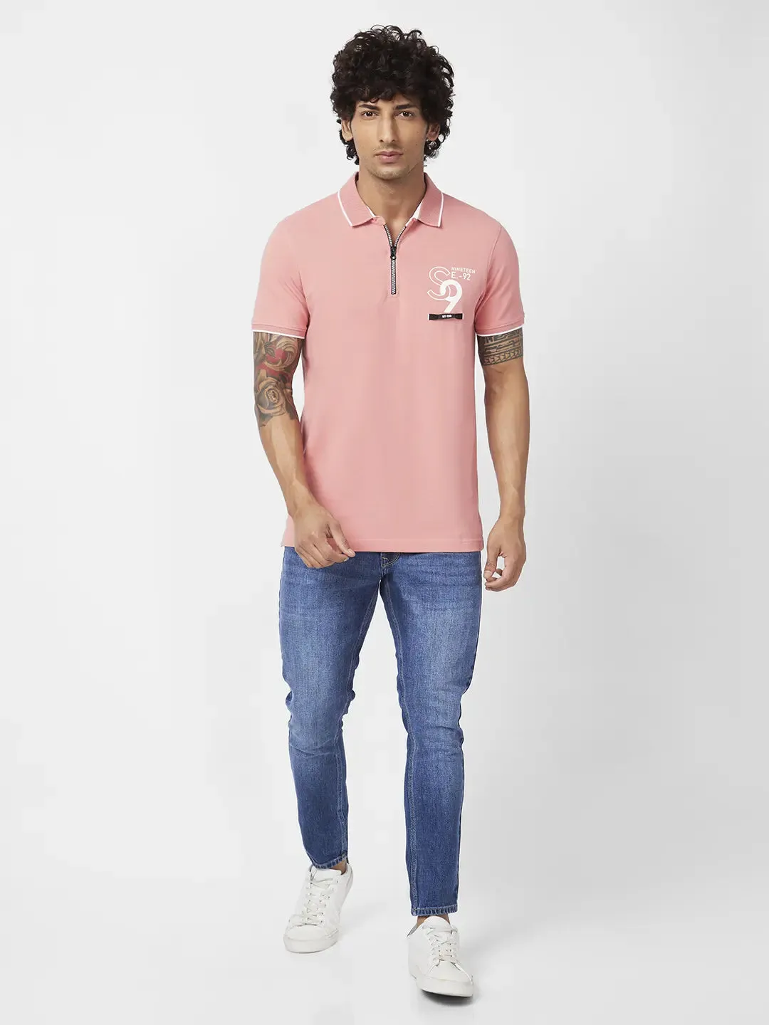 Spykar Men Dusty Pink Cotton Slim Fit Half Sleeve Polo Neck Plain Tshirt