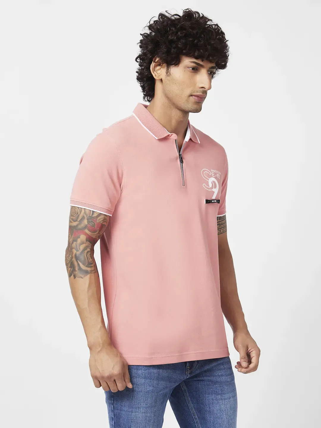 Spykar Men Dusty Pink Cotton Slim Fit Half Sleeve Polo Neck Plain Tshirt