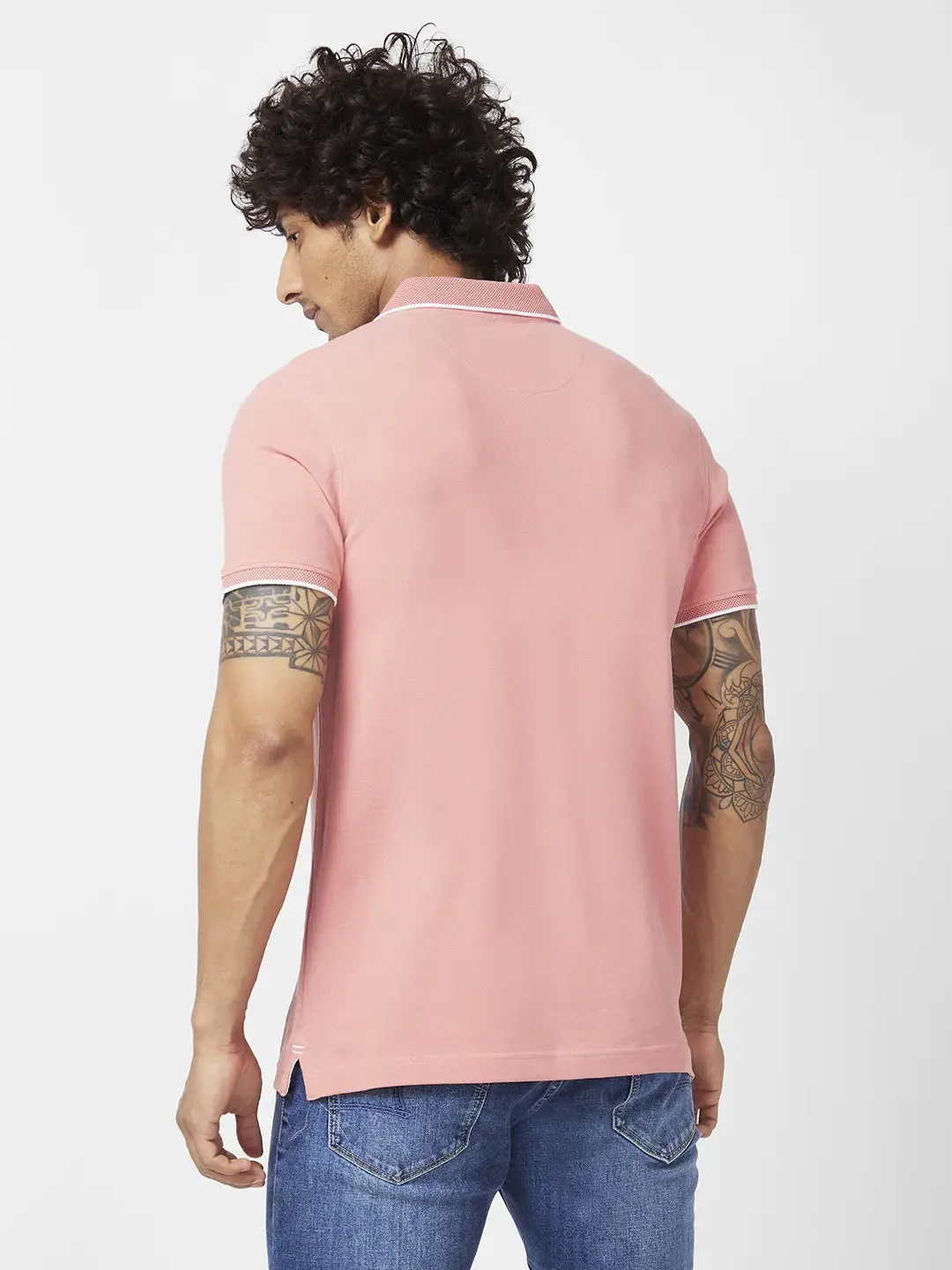 Spykar Men Dusty Pink Cotton Slim Fit Half Sleeve Polo Neck Plain Tshirt