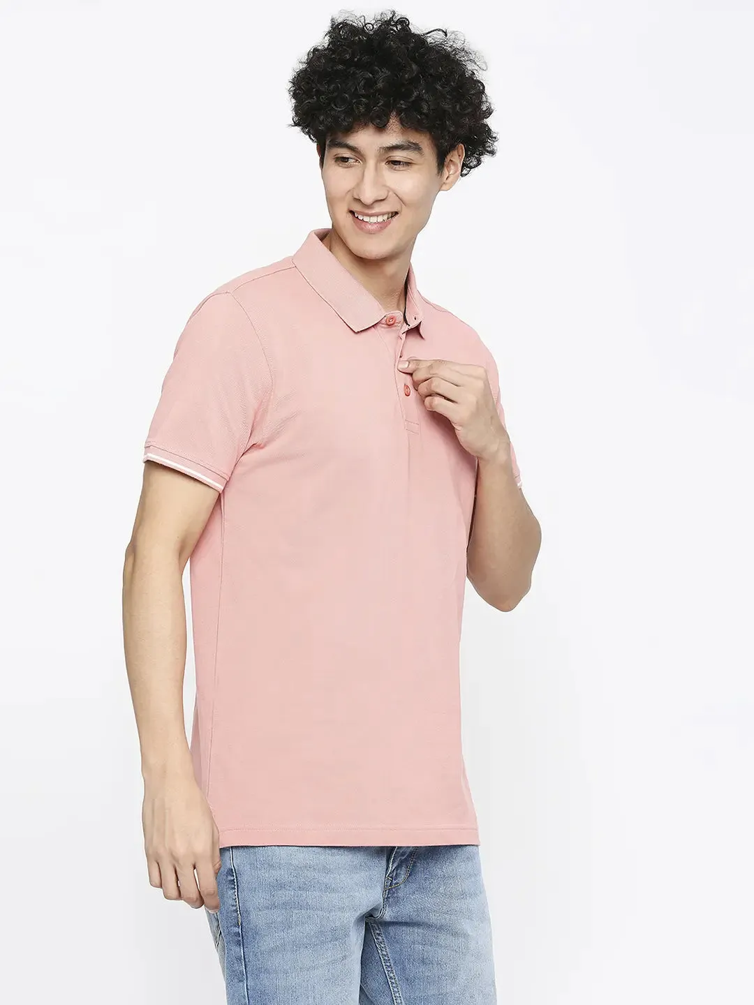 Spykar Men Dusty Pink Cotton Slim Fit Plain Polo Neck Tshirt