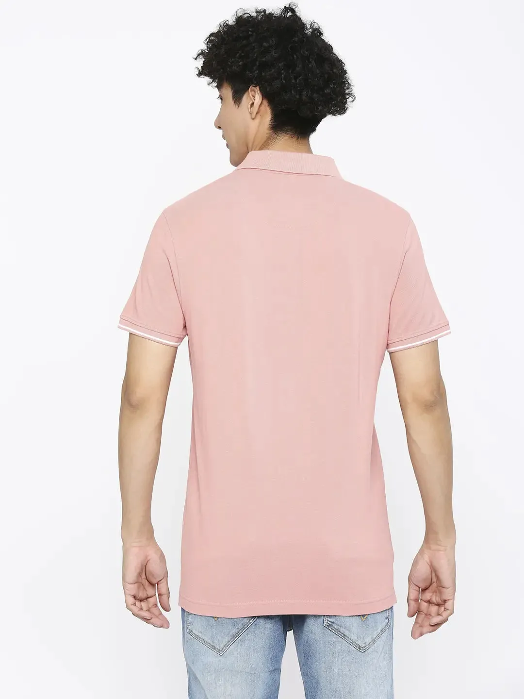 Spykar Men Dusty Pink Cotton Slim Fit Plain Polo Neck Tshirt