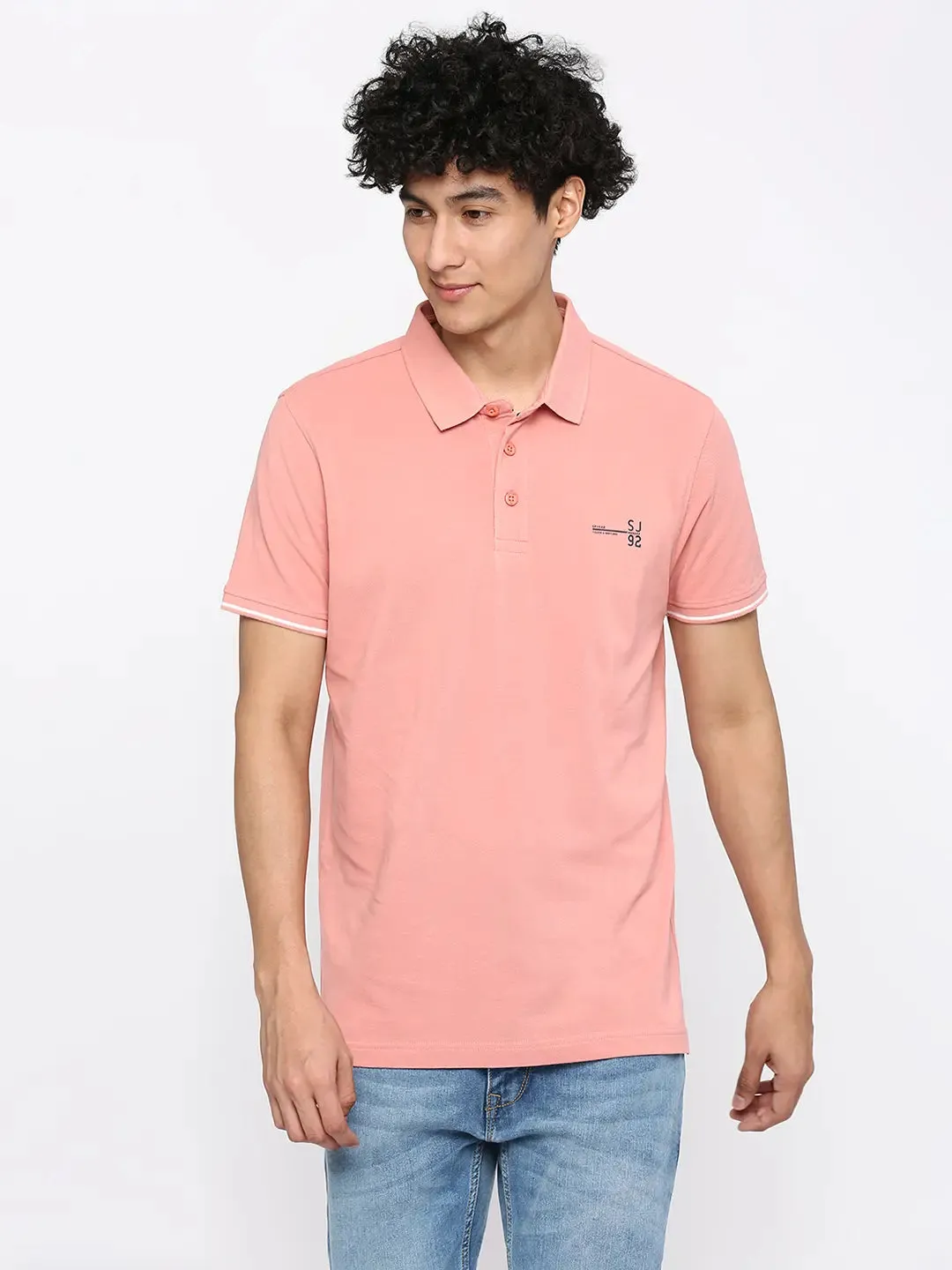 Spykar Men Dusty Pink Cotton Slim Fit Plain Polo Neck Tshirt