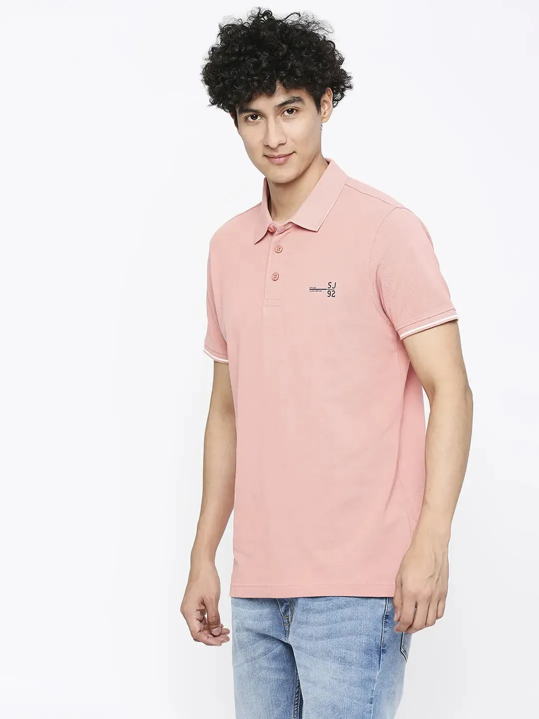 Spykar Men Dusty Pink Cotton Slim Fit Plain Polo Neck Tshirt