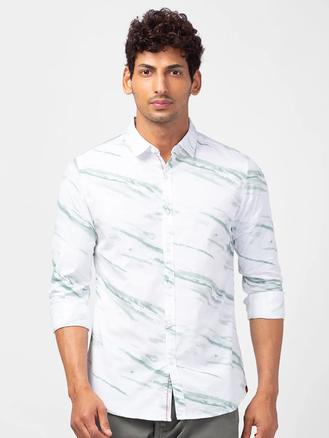 Spykar Men Green Cotton Slim Fit Printed Shirts