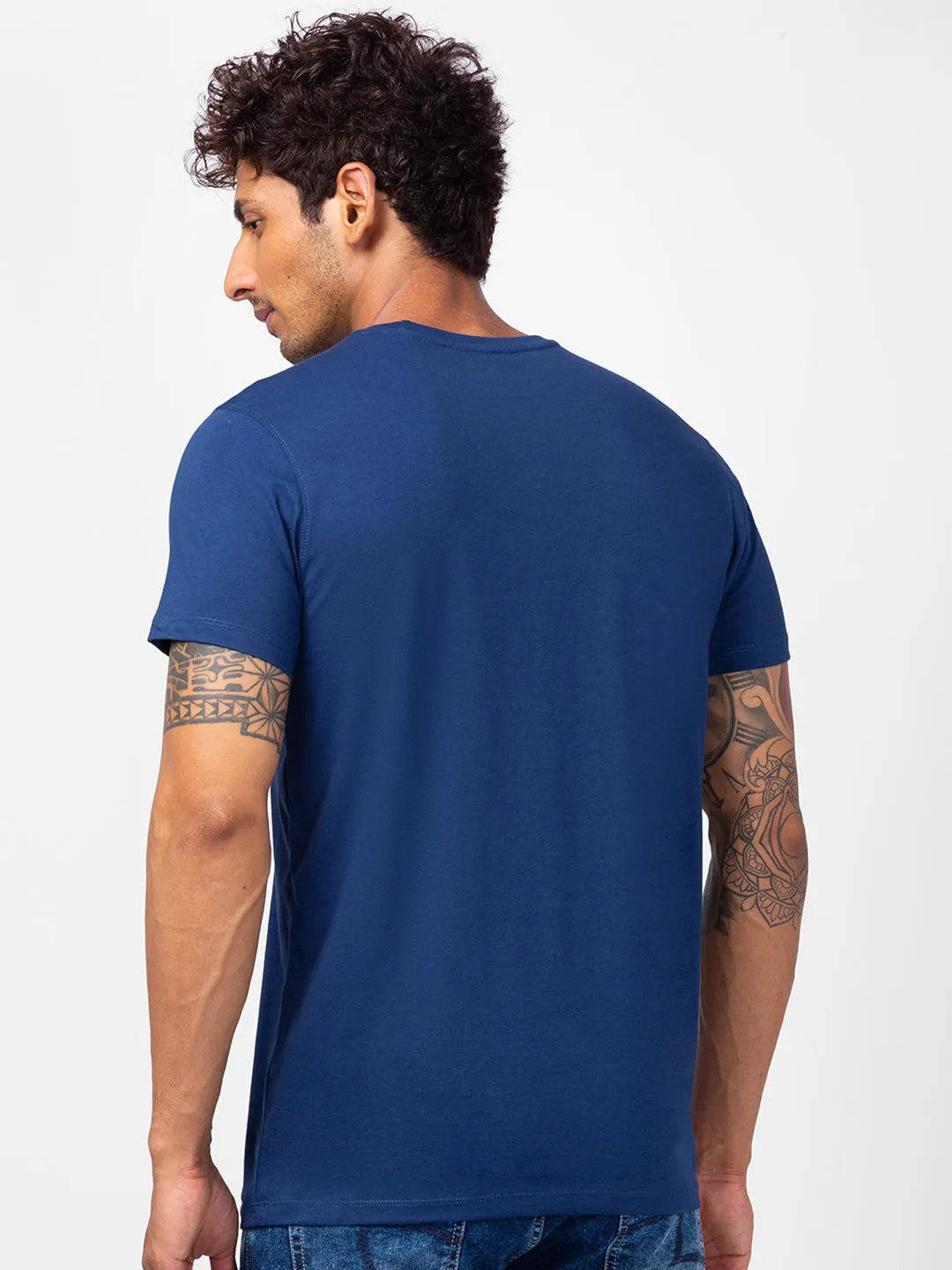 Spykar Men Indigo Blue Cotton Slim Fit Round Neck Printed T-Shirt