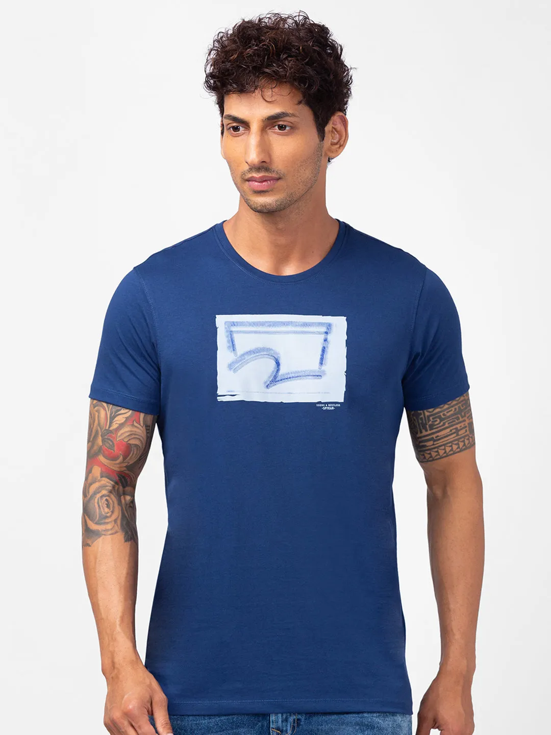 Spykar Men Indigo Blue Cotton Slim Fit Round Neck Printed T-Shirt