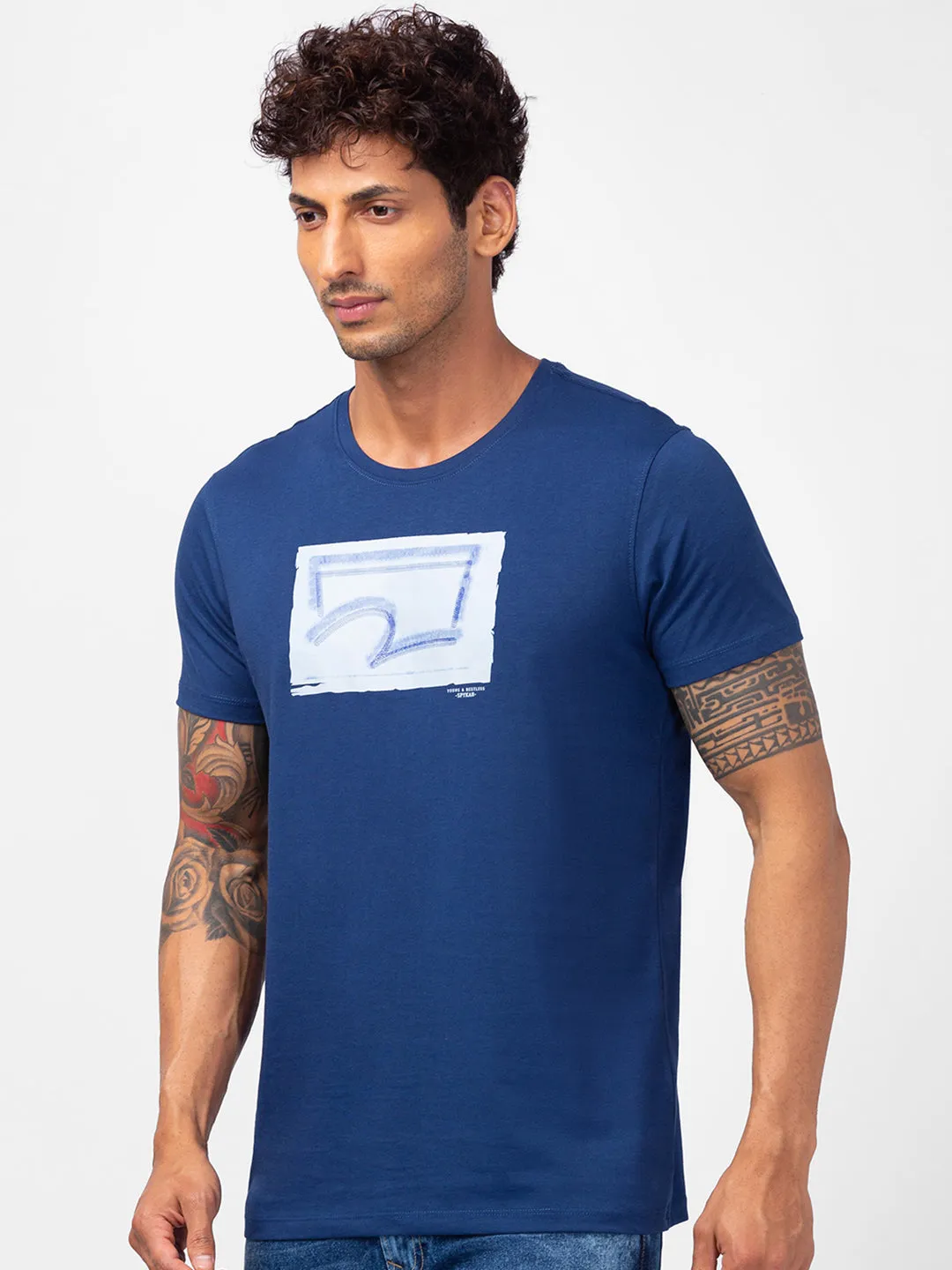 Spykar Men Indigo Blue Cotton Slim Fit Round Neck Printed T-Shirt