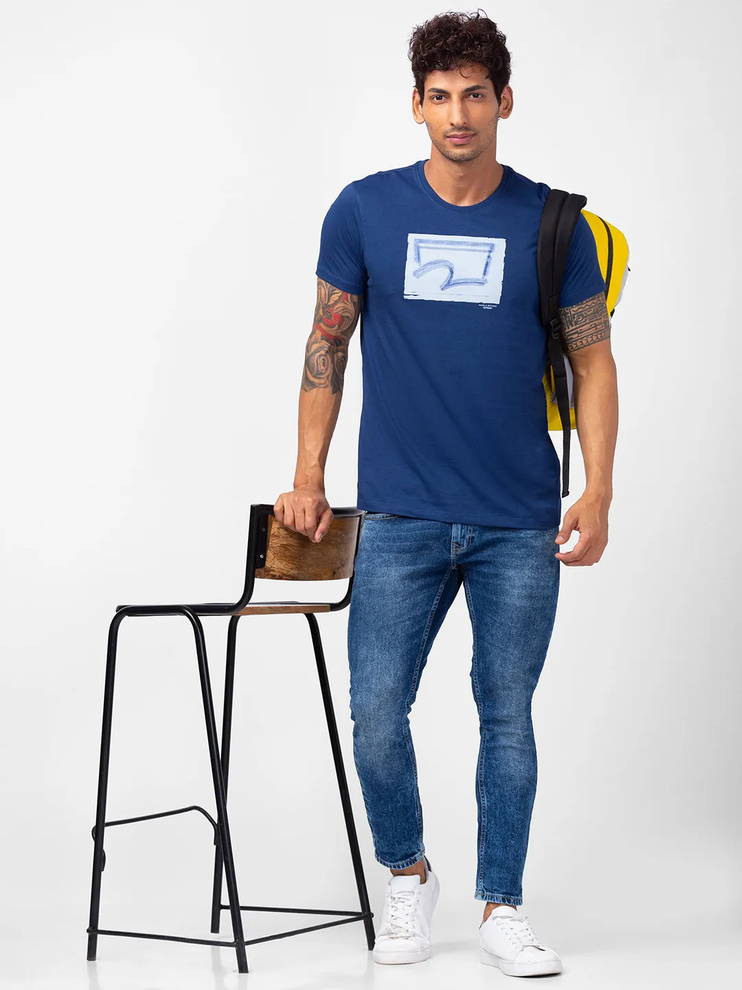 Spykar Men Indigo Blue Cotton Slim Fit Round Neck Printed T-Shirt