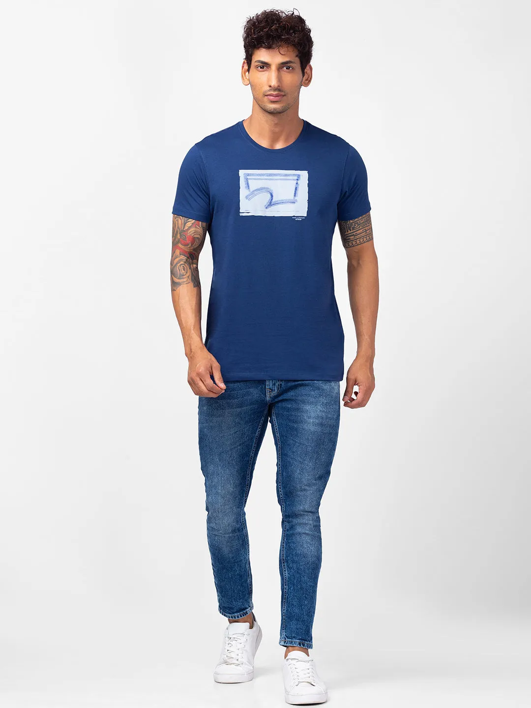 Spykar Men Indigo Blue Cotton Slim Fit Round Neck Printed T-Shirt