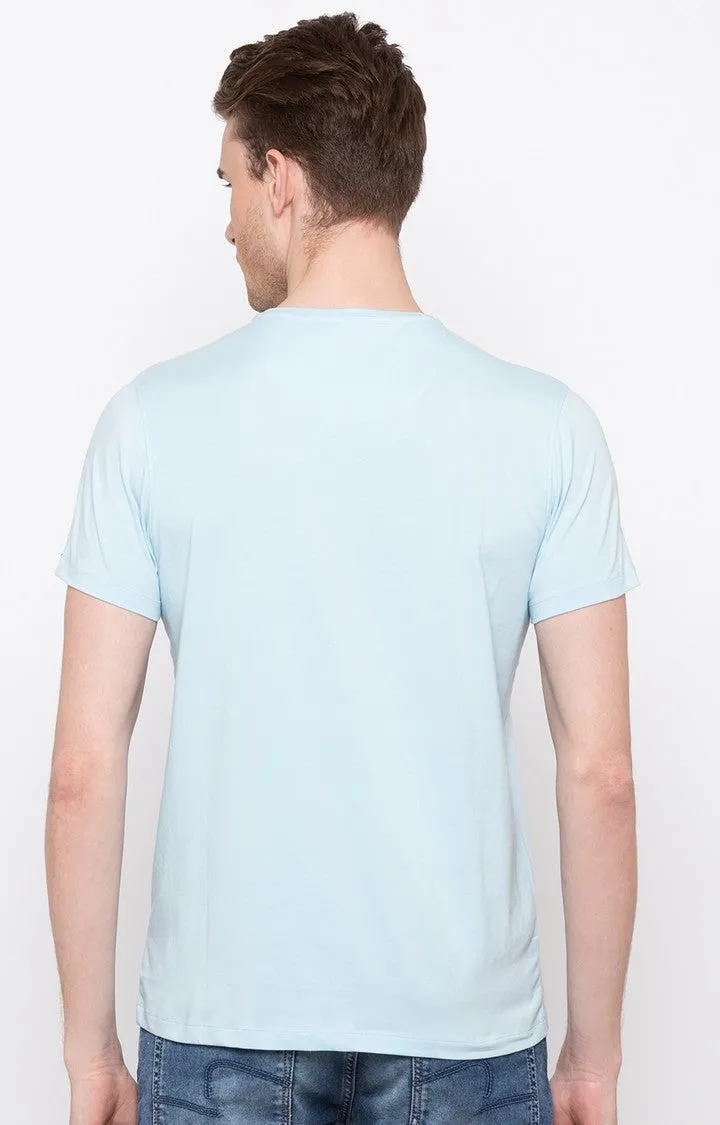 Spykar Men Light Blue Cotton Slim Fit Printed Round Neck Tshirt