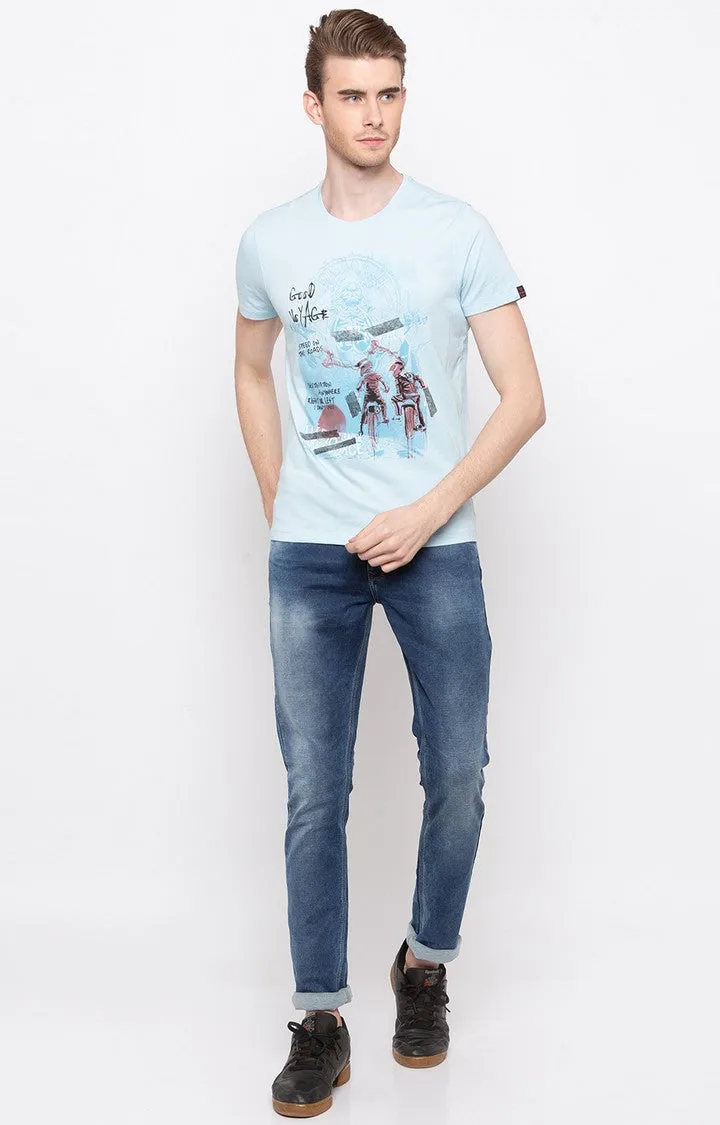 Spykar Men Light Blue Cotton Slim Fit Printed Round Neck Tshirt