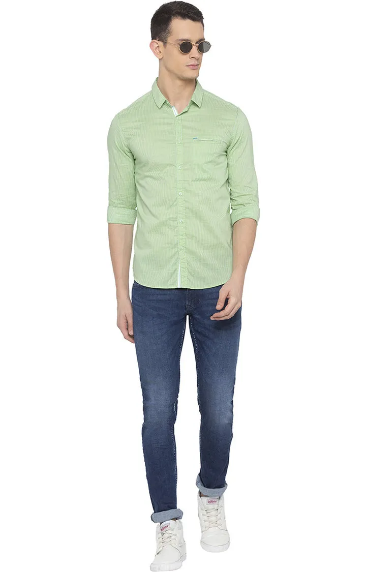 Spykar Men Lime Green Striped Slim Fit Casual Shirt