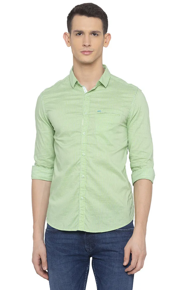 Spykar Men Lime Green Striped Slim Fit Casual Shirt