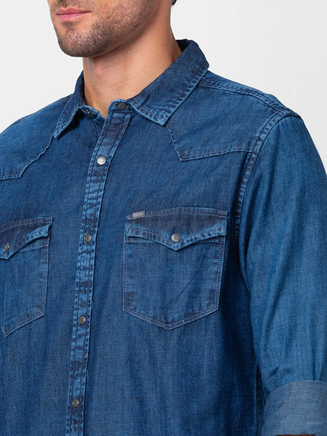 Spykar Men Mid Blue Cotton Slim Fit Denim Shirt