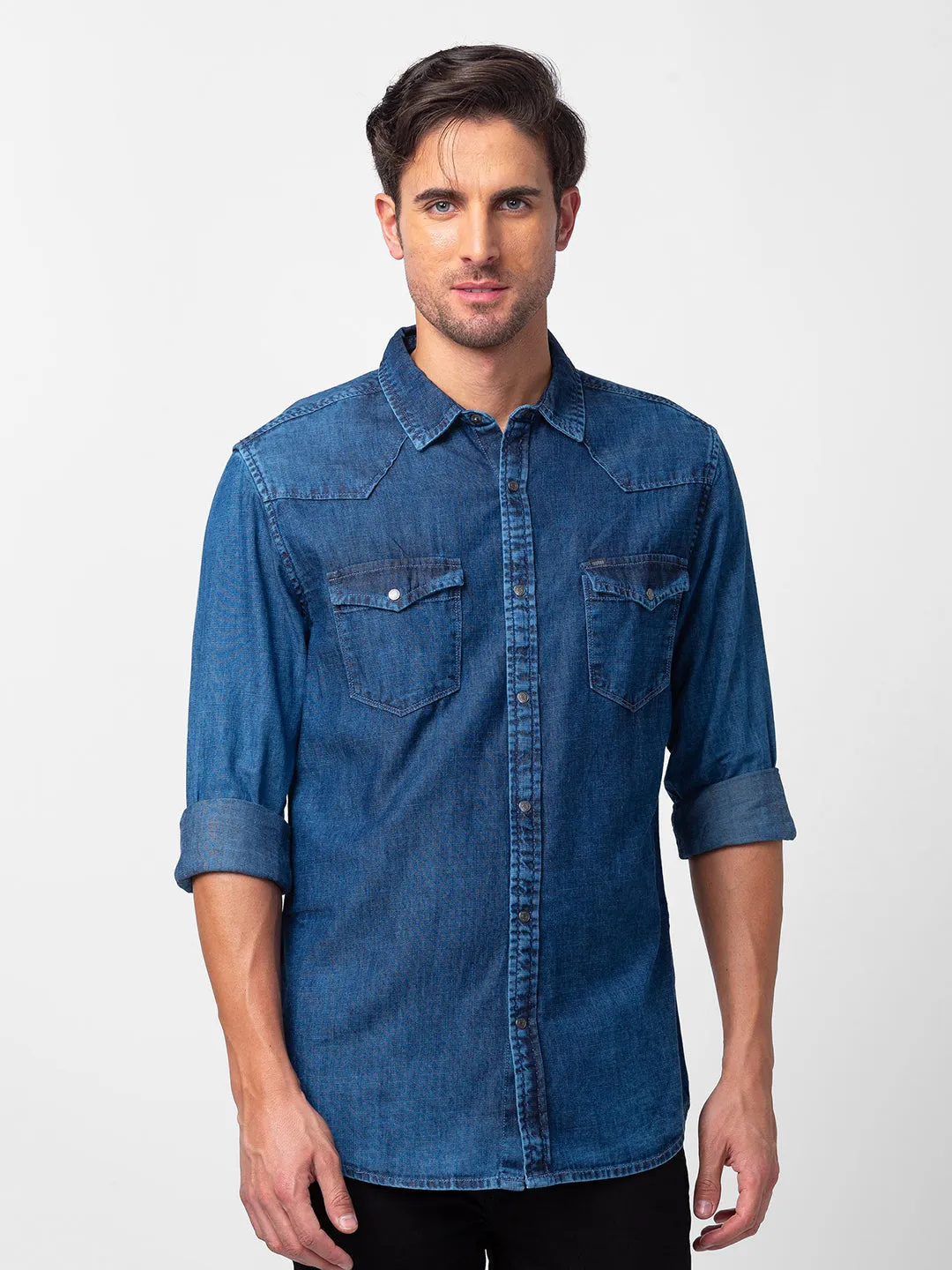 Spykar Men Mid Blue Cotton Slim Fit Denim Shirt