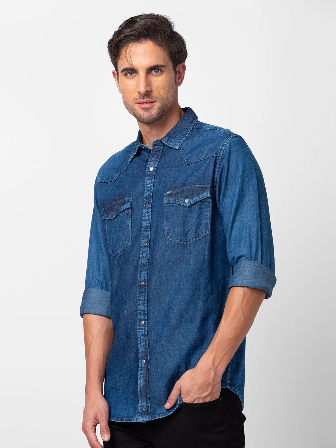 Spykar Men Mid Blue Cotton Slim Fit Denim Shirt