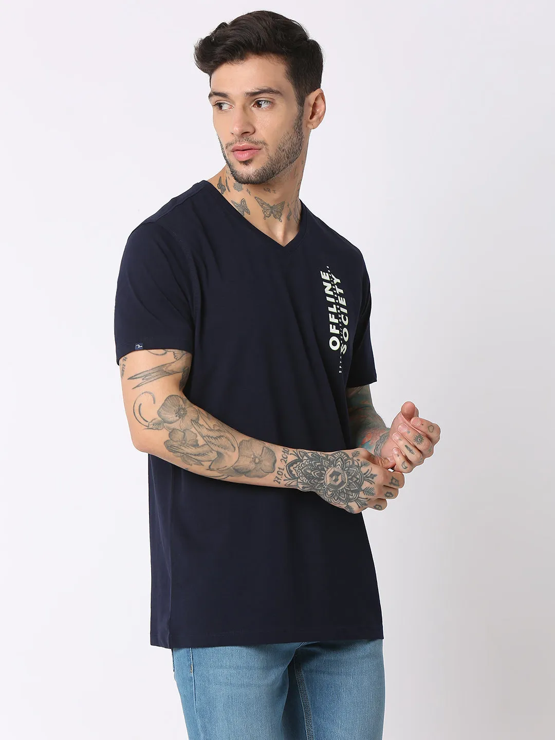 Spykar Men Navy Blue Cotton Regular Fit V-Neck Printed T-Shirt