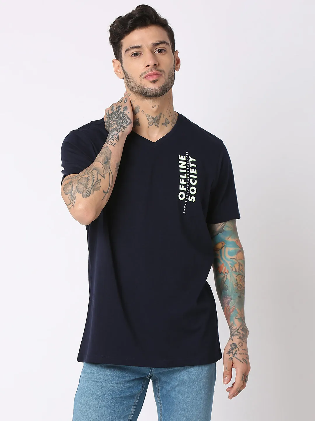 Spykar Men Navy Blue Cotton Regular Fit V-Neck Printed T-Shirt