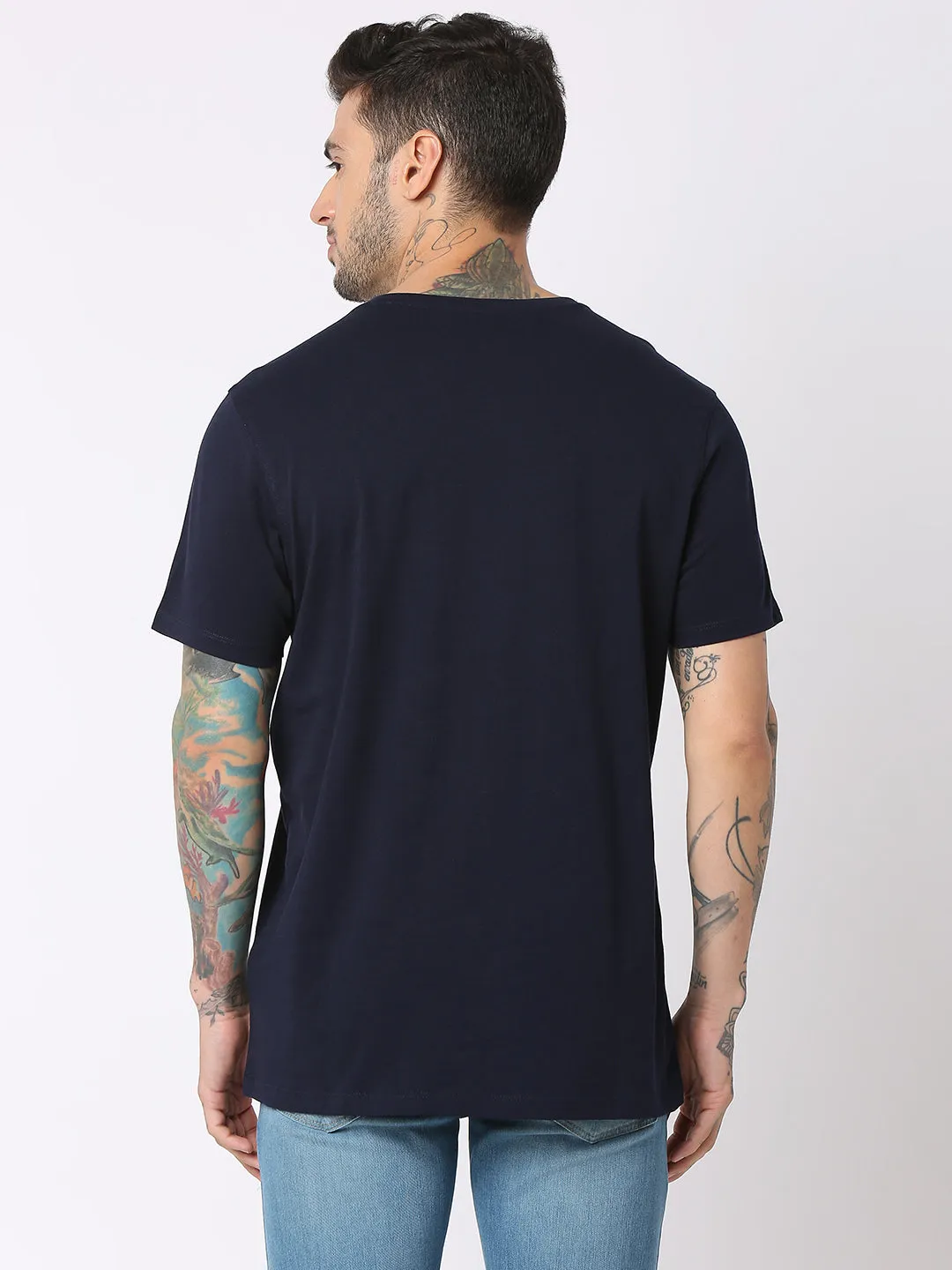 Spykar Men Navy Blue Cotton Regular Fit V-Neck Printed T-Shirt