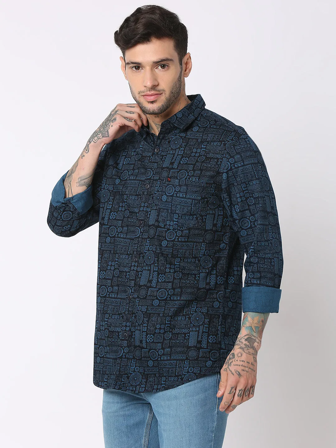 Spykar Men Navy Blue Cotton Slim Fit Printed Shirts