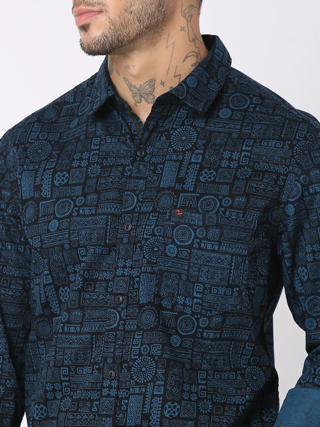 Spykar Men Navy Blue Cotton Slim Fit Printed Shirts