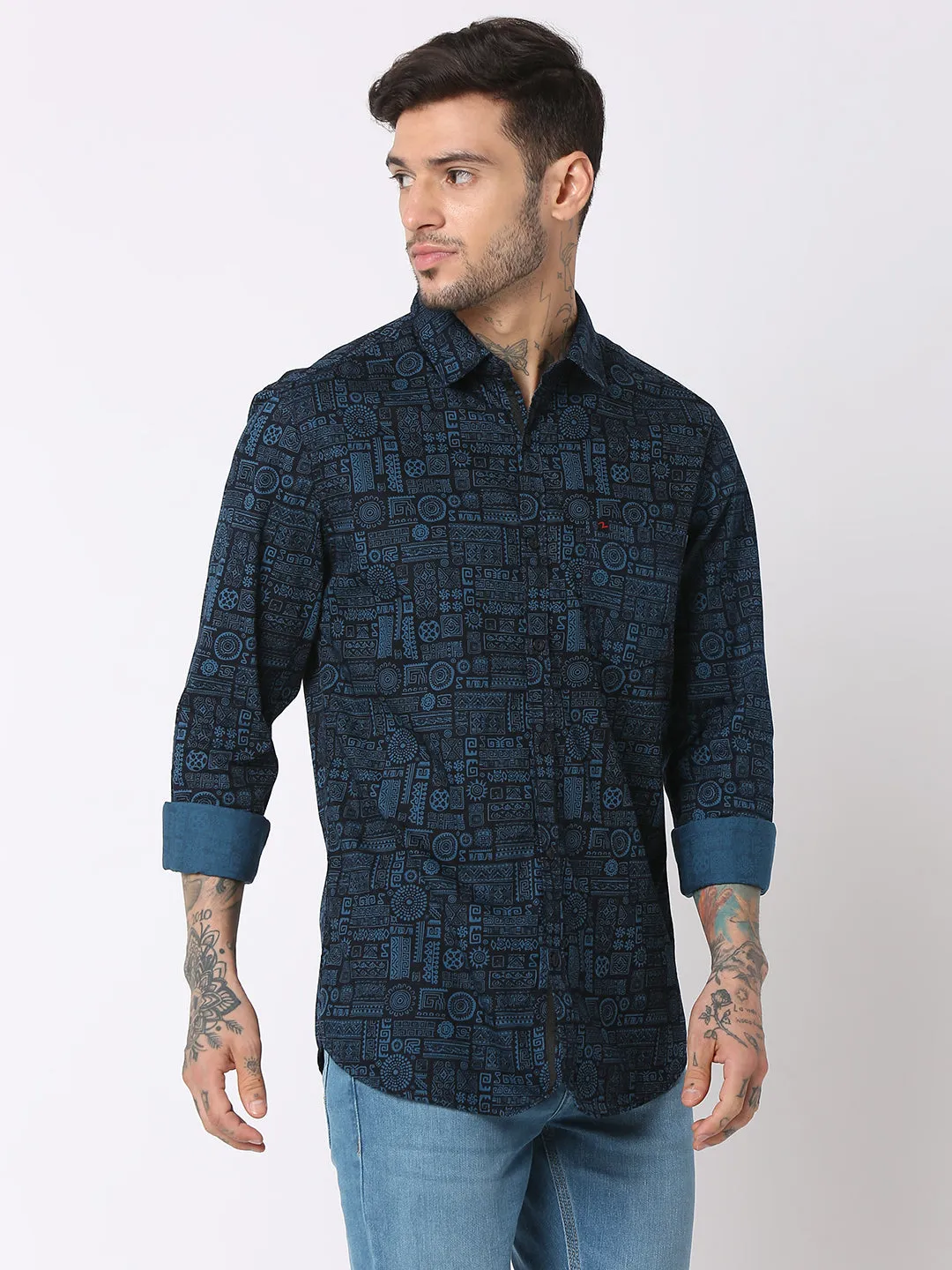 Spykar Men Navy Blue Cotton Slim Fit Printed Shirts