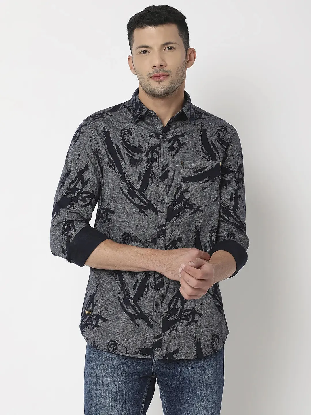 Spykar Men Navy Cotton Slim Fit Printed Shirt