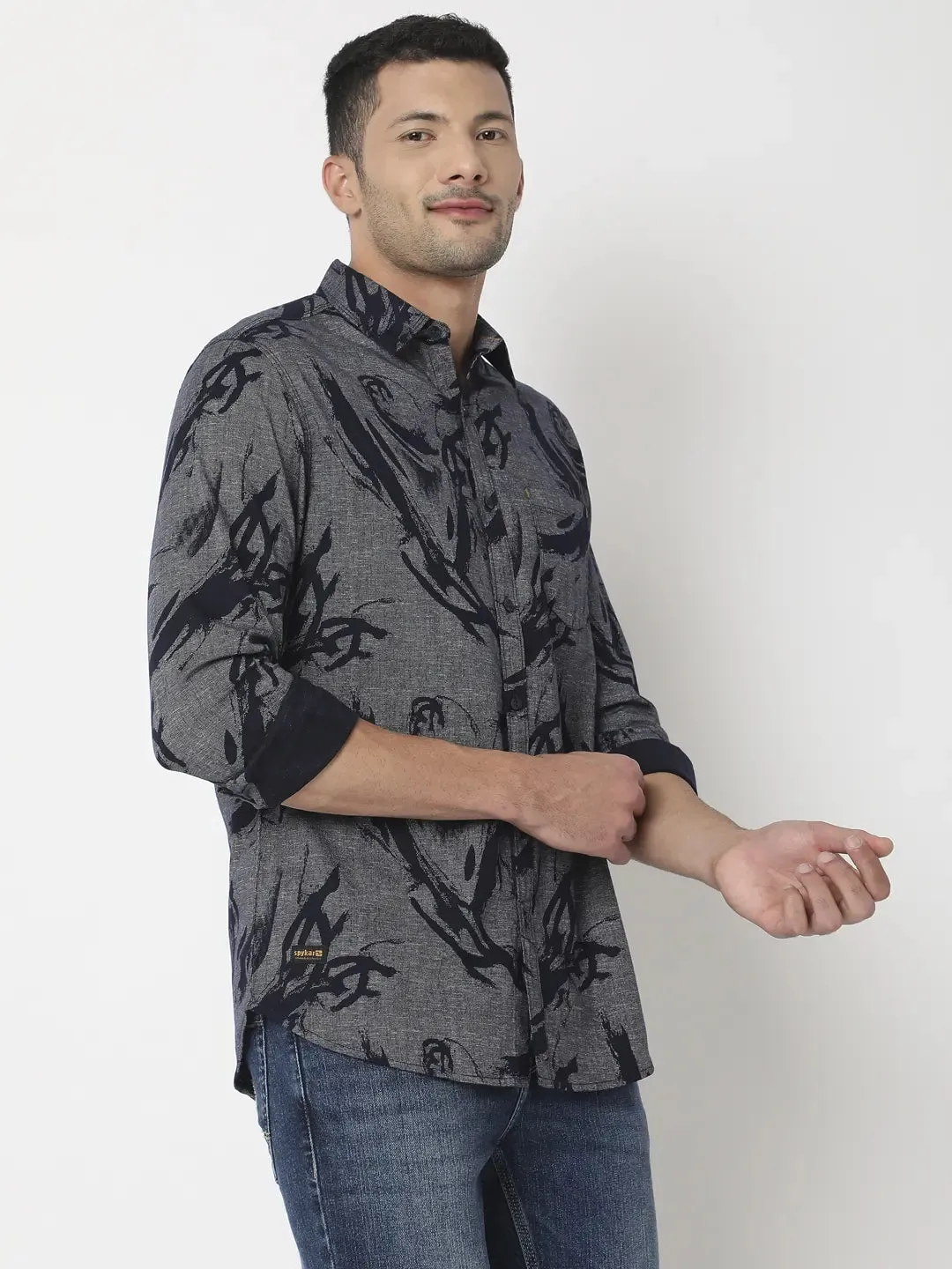 Spykar Men Navy Cotton Slim Fit Printed Shirt