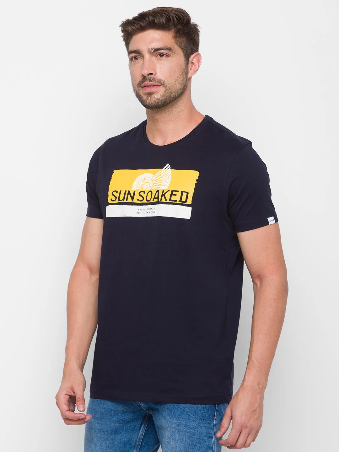 Spykar Men Navy Cotton Slim Fit Round Neck T-Shirt