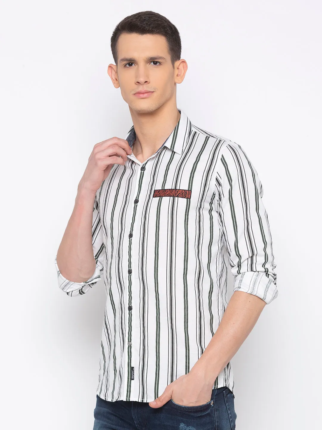 Spykar Men Olive and White Striped Slim Fit Casual Shirt