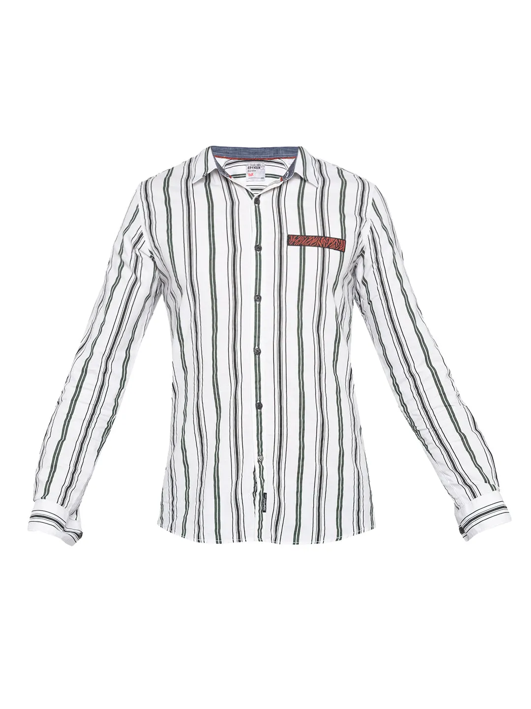 Spykar Men Olive and White Striped Slim Fit Casual Shirt