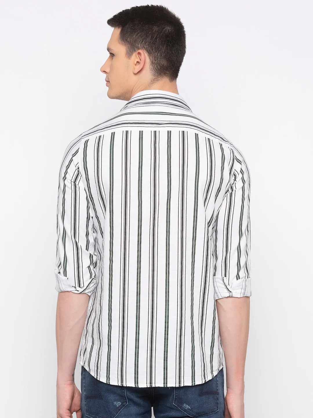 Spykar Men Olive and White Striped Slim Fit Casual Shirt