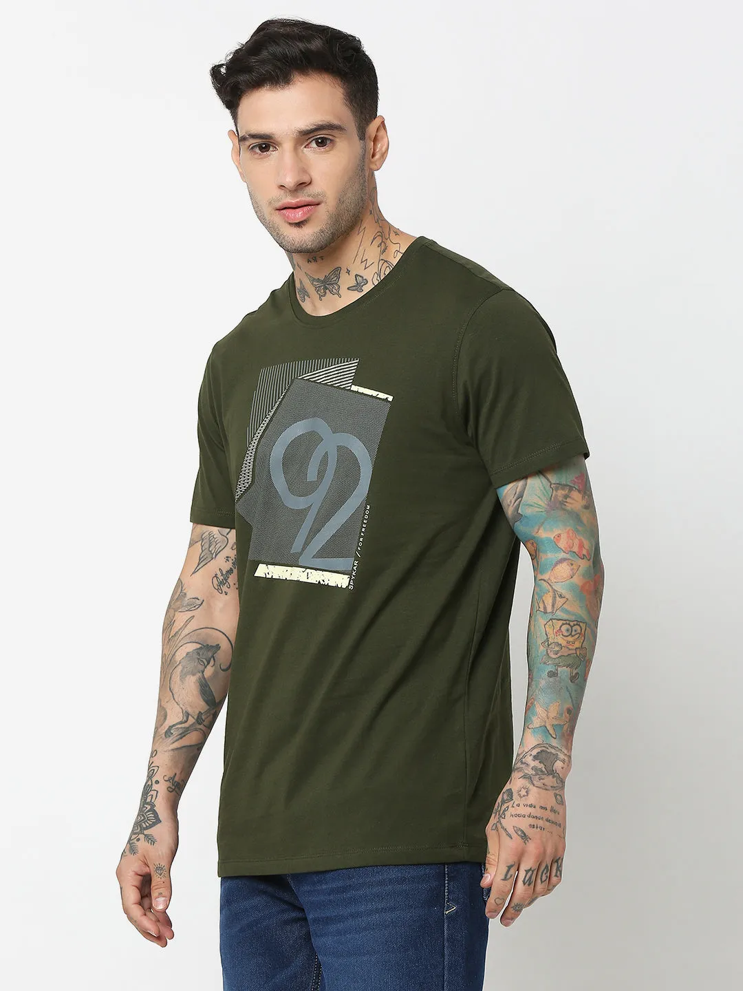 Spykar Men Olive Green Cotton Slim Fit Round Neck Printed T-Shirt