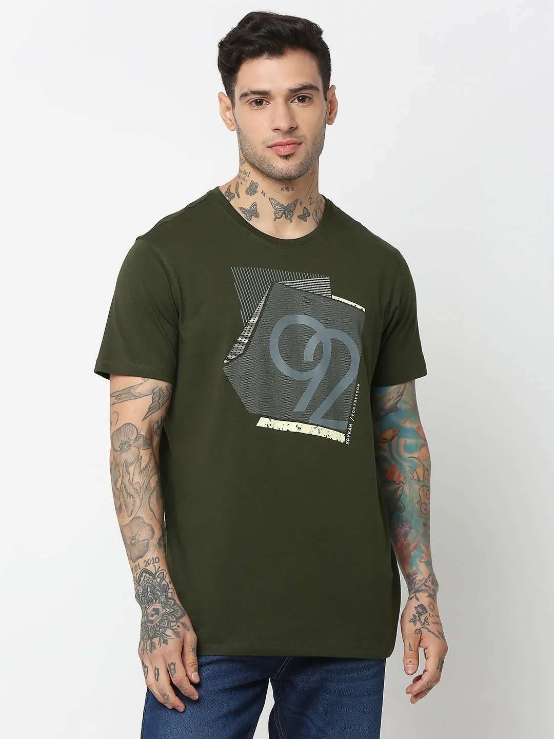 Spykar Men Olive Green Cotton Slim Fit Round Neck Printed T-Shirt