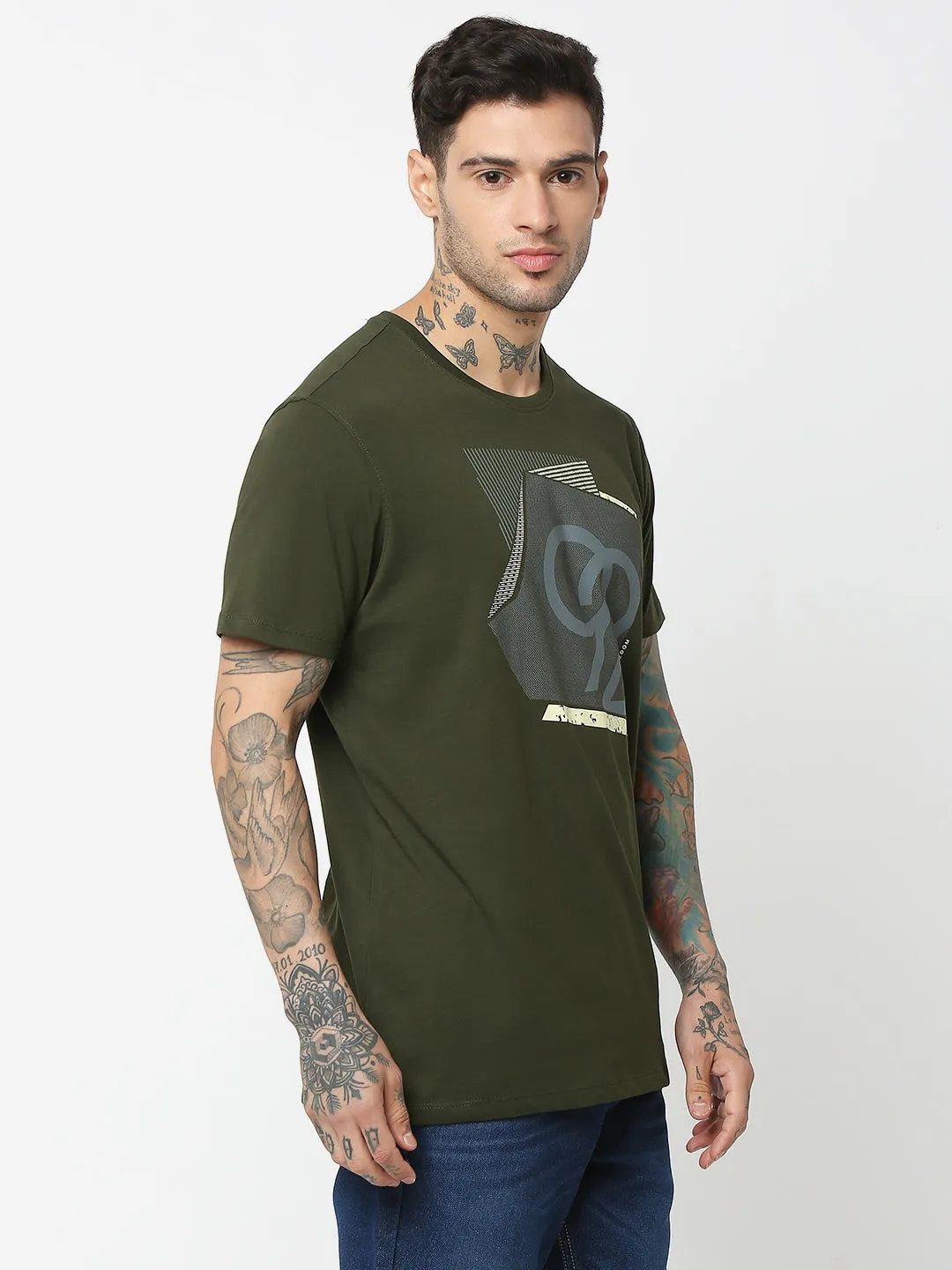 Spykar Men Olive Green Cotton Slim Fit Round Neck Printed T-Shirt