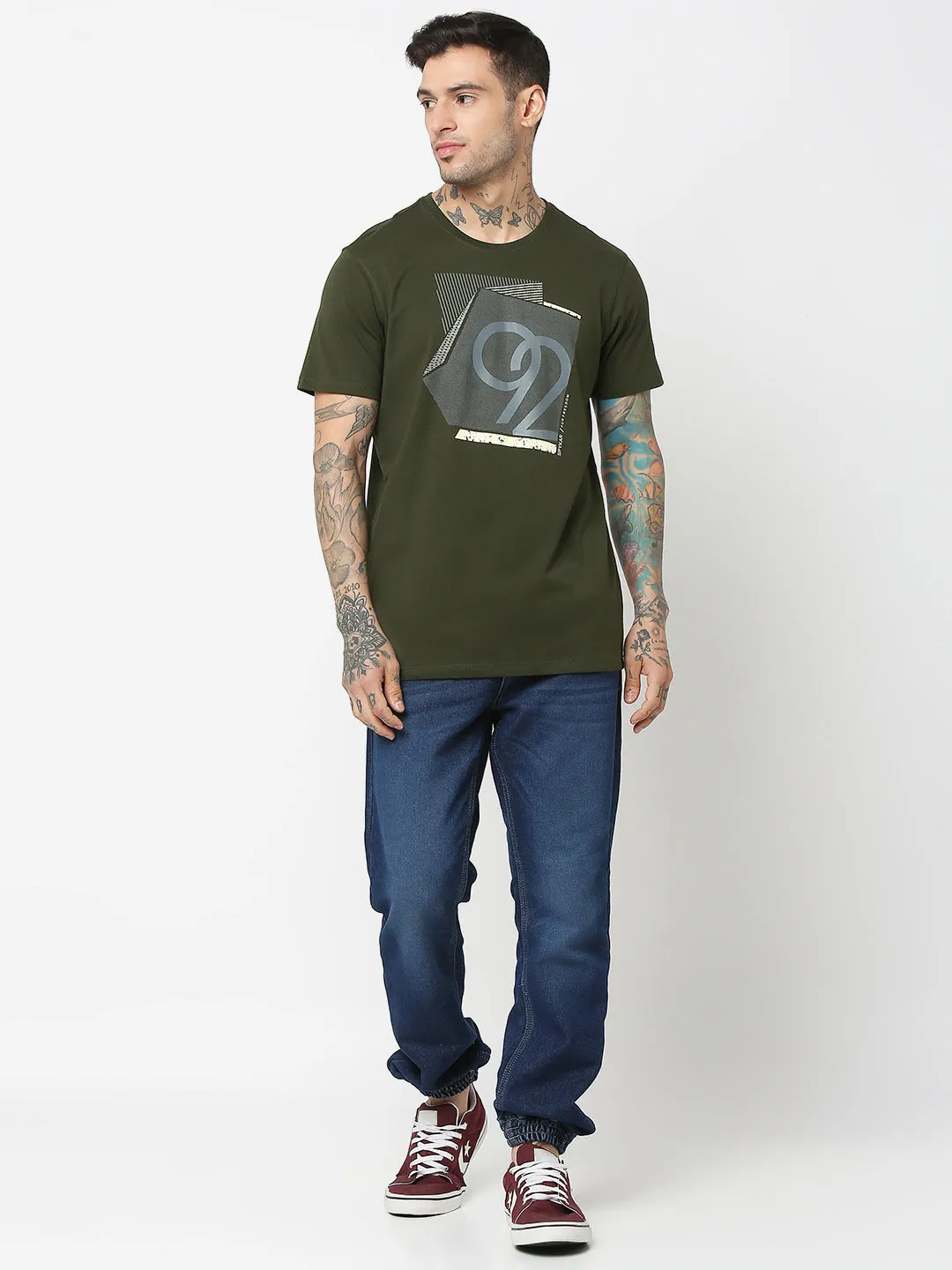 Spykar Men Olive Green Cotton Slim Fit Round Neck Printed T-Shirt