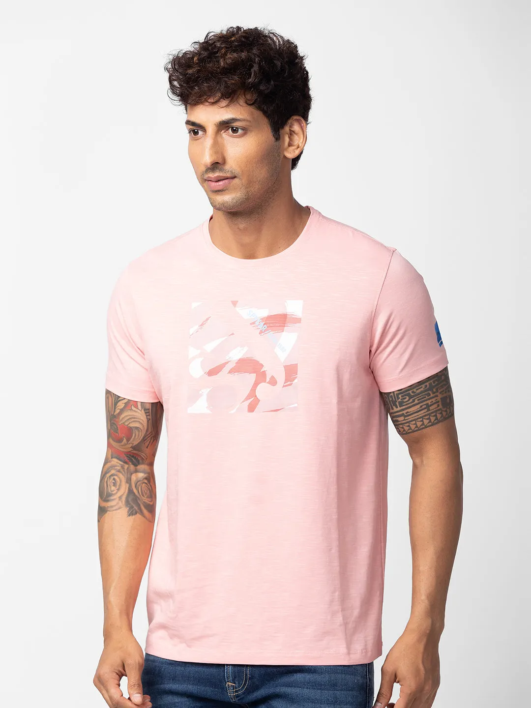 Spykar Men Powder Pink Cotton Regular Fit Half Sleeve Printed T-Shirt