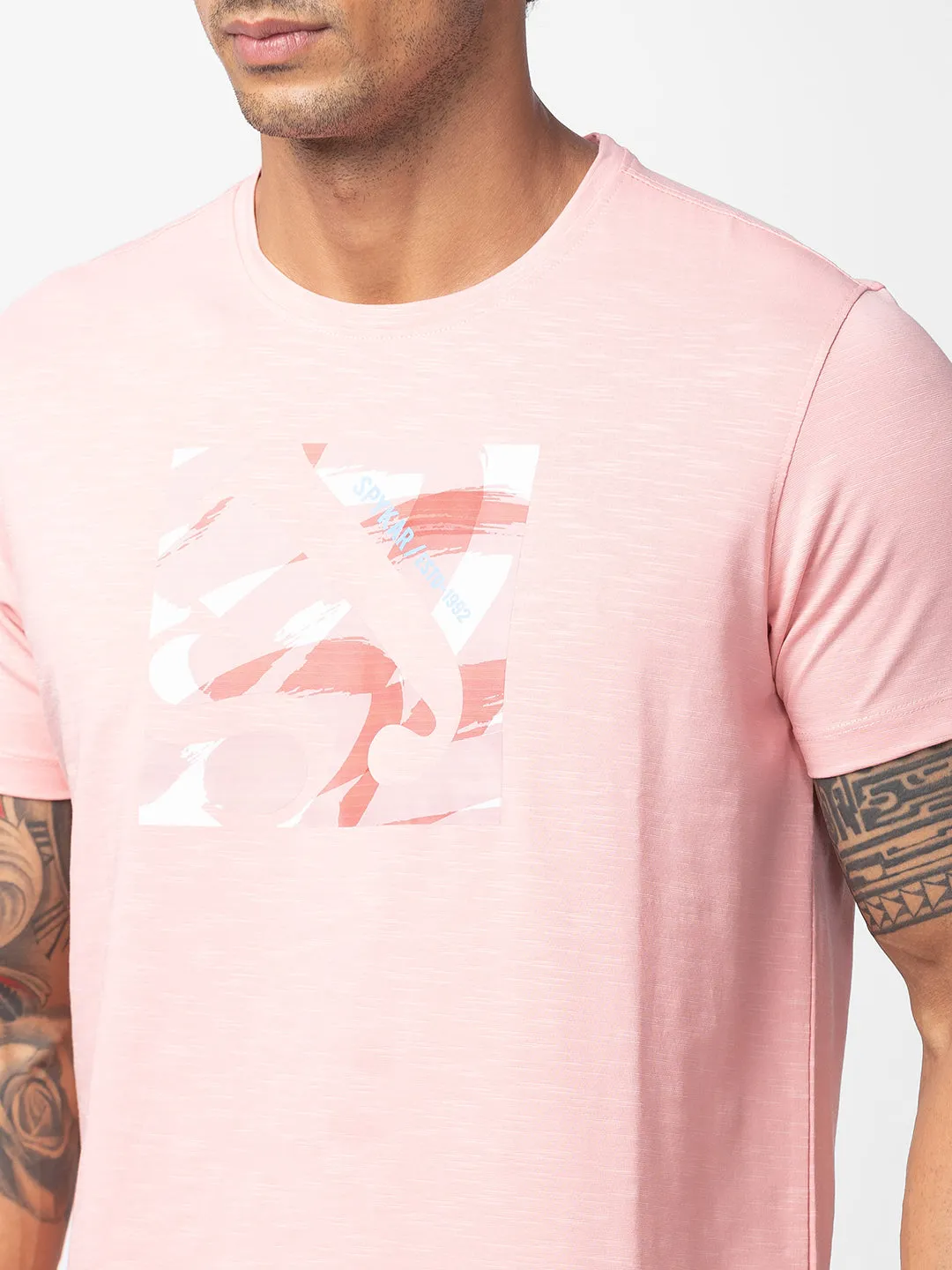 Spykar Men Powder Pink Cotton Regular Fit Half Sleeve Printed T-Shirt