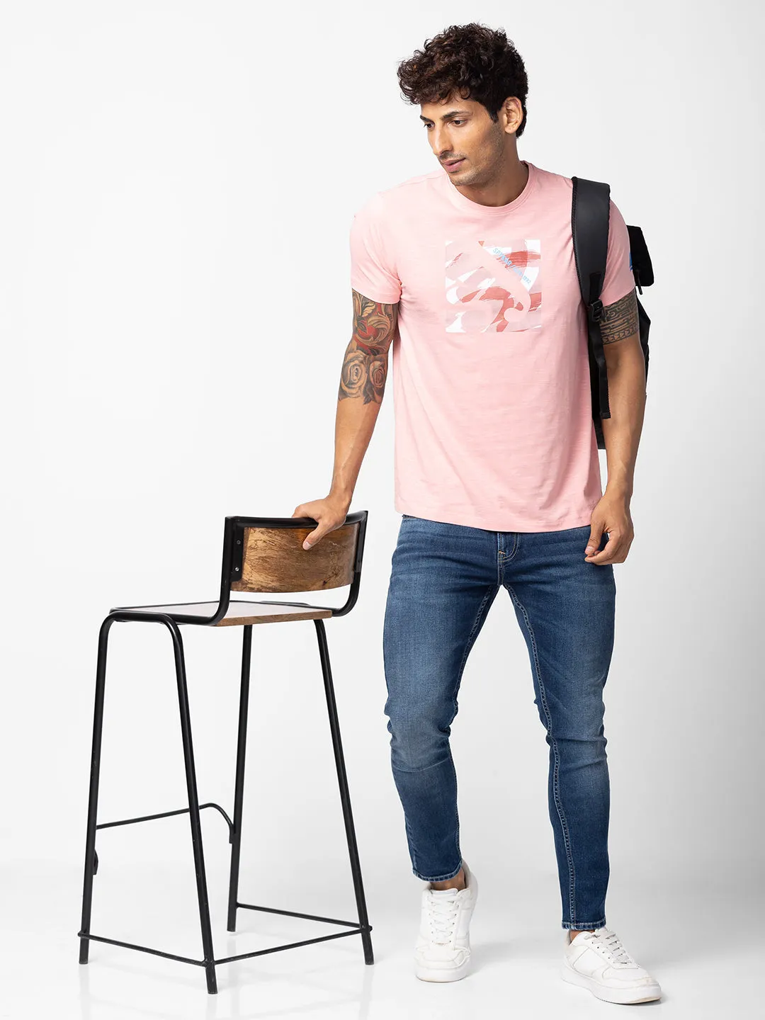 Spykar Men Powder Pink Cotton Regular Fit Half Sleeve Printed T-Shirt