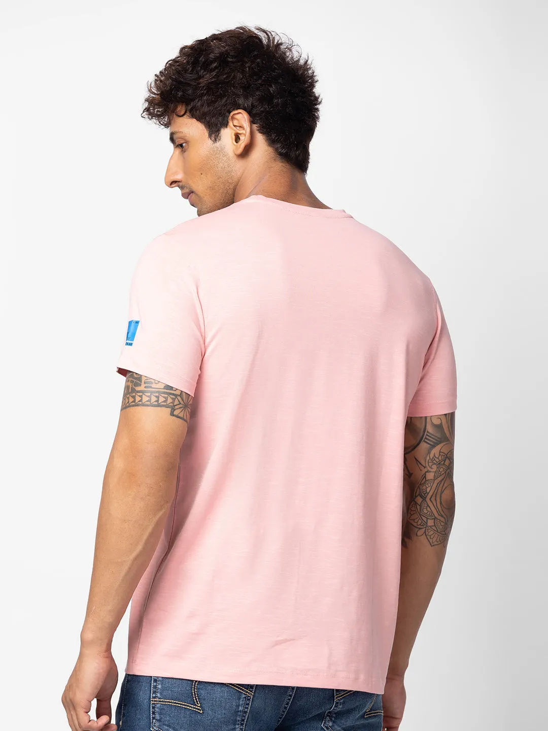 Spykar Men Powder Pink Cotton Regular Fit Half Sleeve Printed T-Shirt