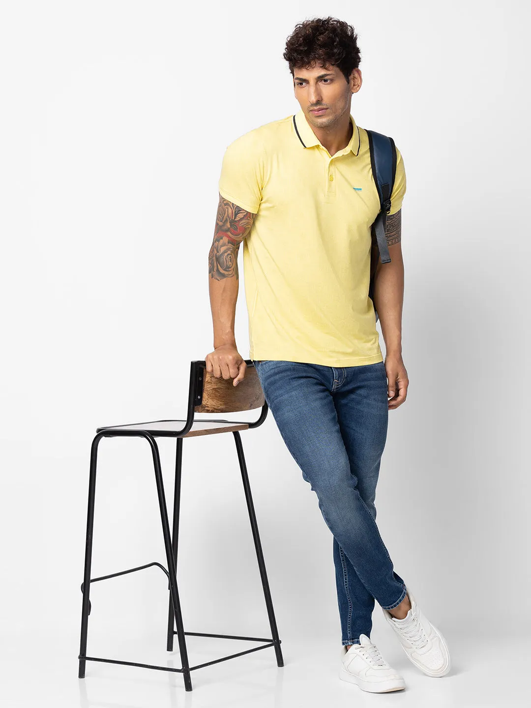 Spykar Men Powder Yellow Cotton Regular Fit Half Sleeve Printed Polo T-Shirt