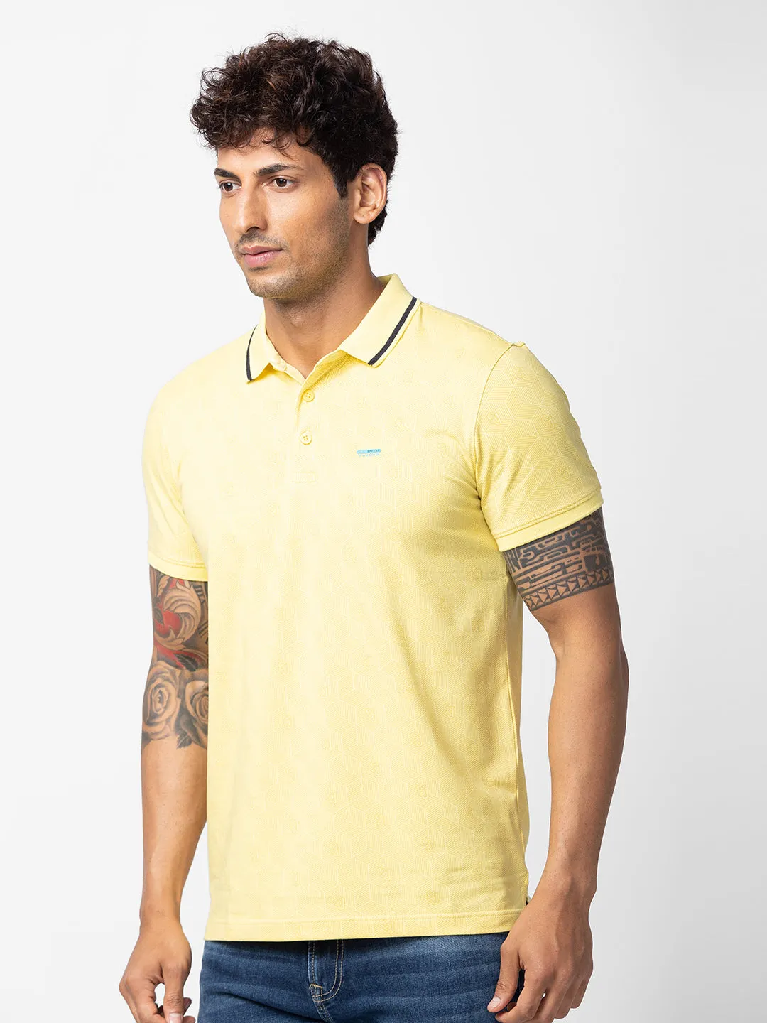 Spykar Men Powder Yellow Cotton Regular Fit Half Sleeve Printed Polo T-Shirt