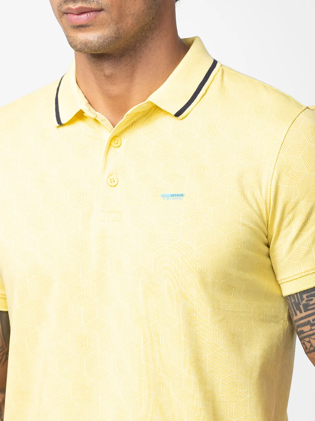 Spykar Men Powder Yellow Cotton Regular Fit Half Sleeve Printed Polo T-Shirt